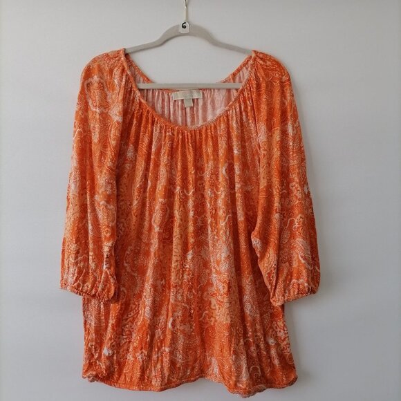 MICHAEL Michael Kors Tops - # Michael Kors Women's Orange Floral Blouse Size 2X Scoop Neck Elastic Cuff/Hem